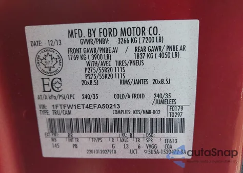 2014 Ford F-150 Platinum z USA, uszkodzony, nr VIN 1FTFW1ET4EFA50213